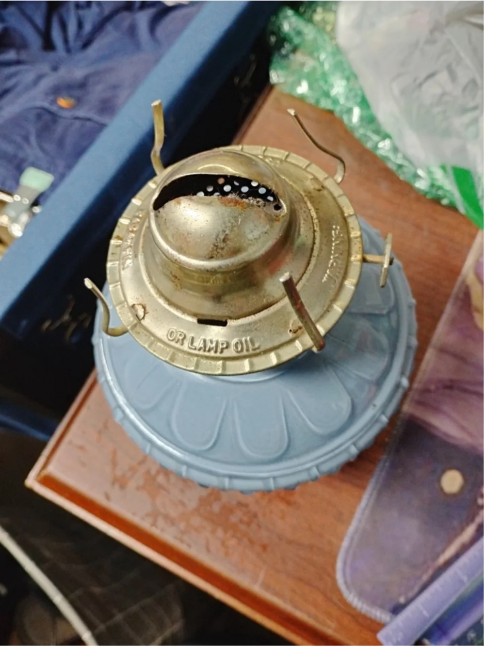 VTG 1988 Kaadan LTD Embossed Rose Bud Pale Blue Glass Paraffin/ Oil Lamp Base